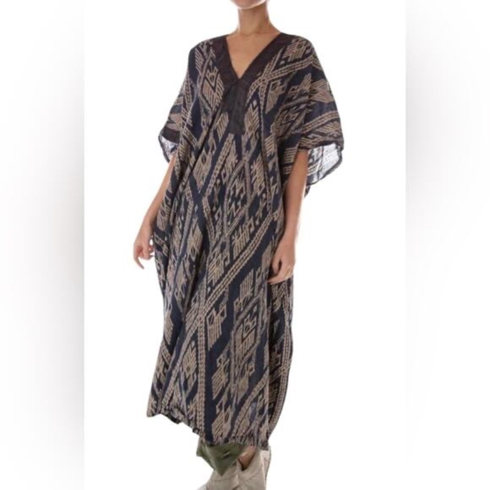Magnolia Pearl Womens Linen Silk Veda Navy Tan Diamond Oversized Kaftan Dress